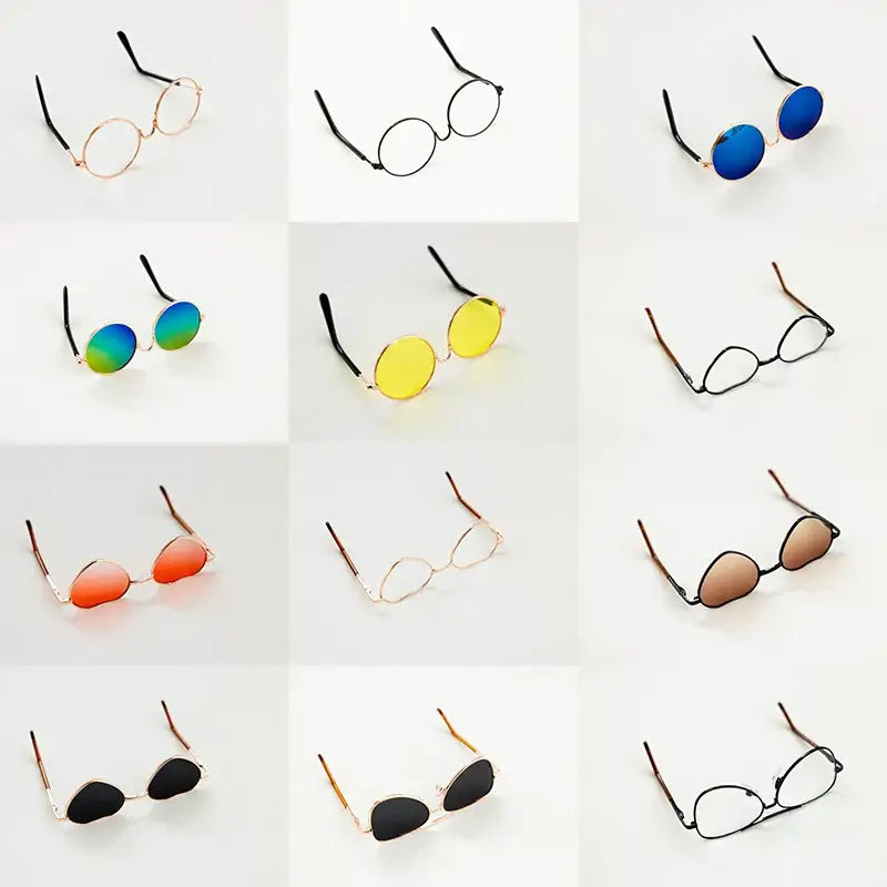 Colorful baby glasses for newborn photography, featuring round and heart shapes for unisex use.