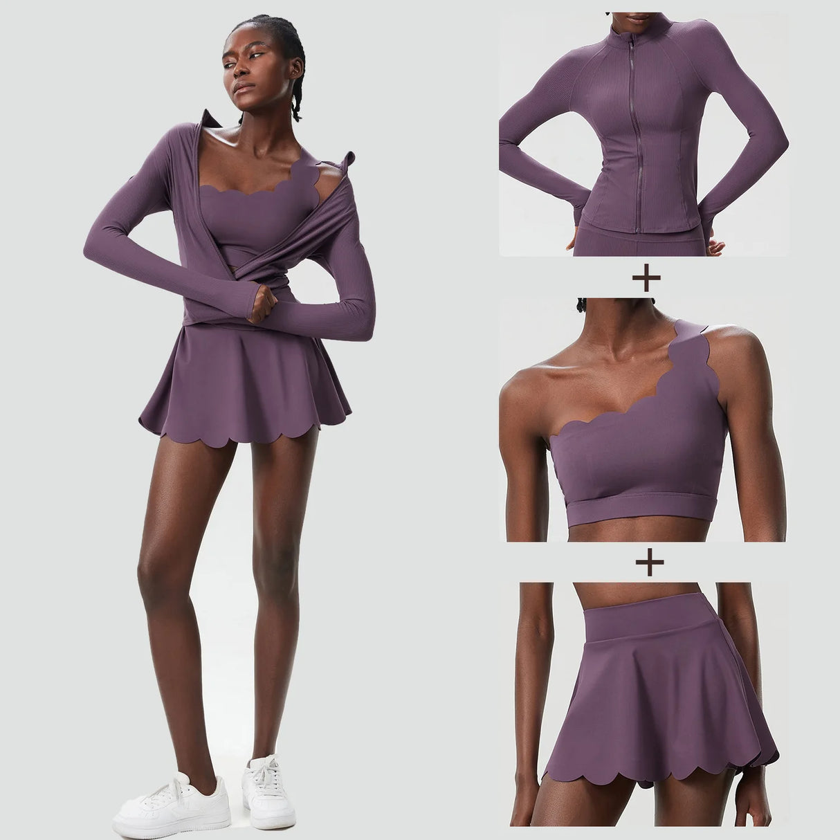 طقم تنورة تنس لياقة بدنية للنساء مكون من 3 قطع