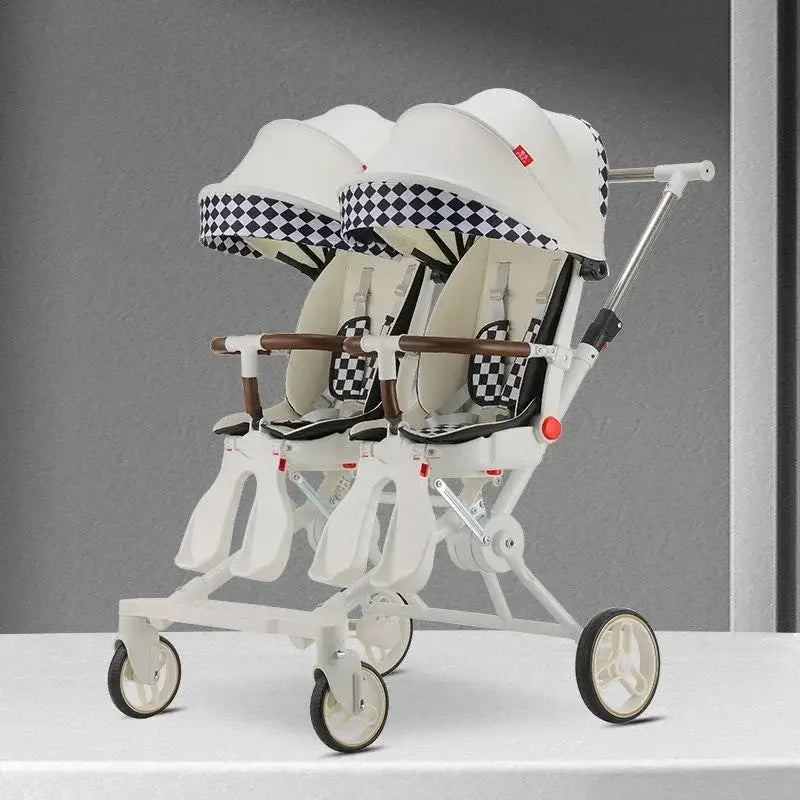 Twin stroller for two children featuring foldable design, recycled fabric, and a high-carbon steel frame.