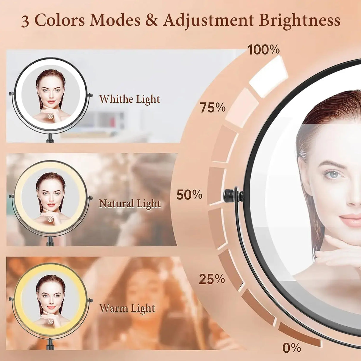 8 inch makeup mirror showing 3 color modes (white, natural, warm) and adjustable brightness levels for optimal lighting.