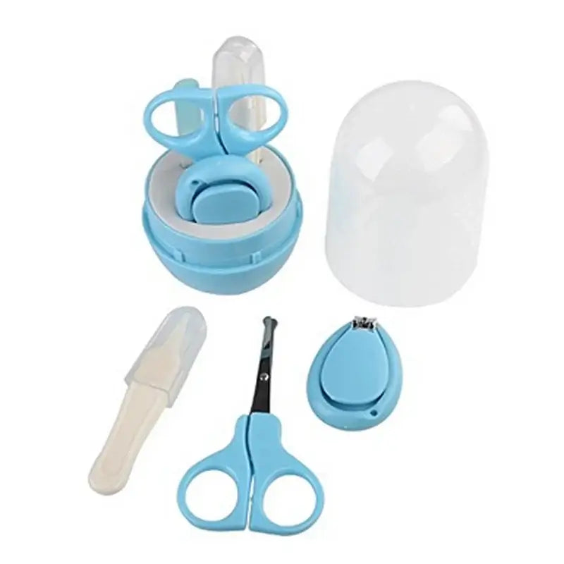 Newborn baby nail scissor set in blue including clippers, trimmer, and protective case, safe for infants and toddlers.