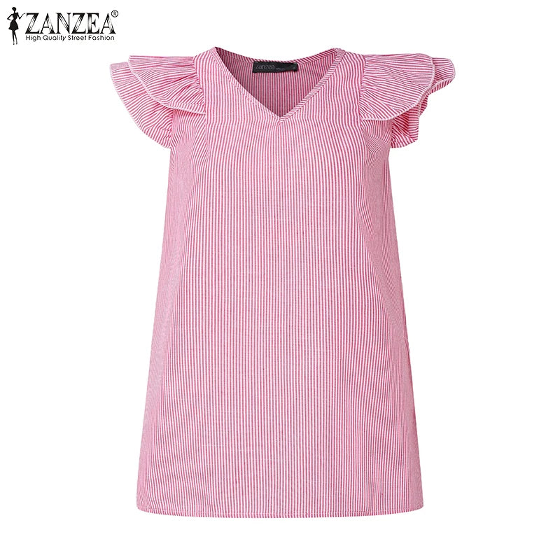 بلوزة نسائية مخططة بدون أكمام وفتحة رقبة على شكل حرف V