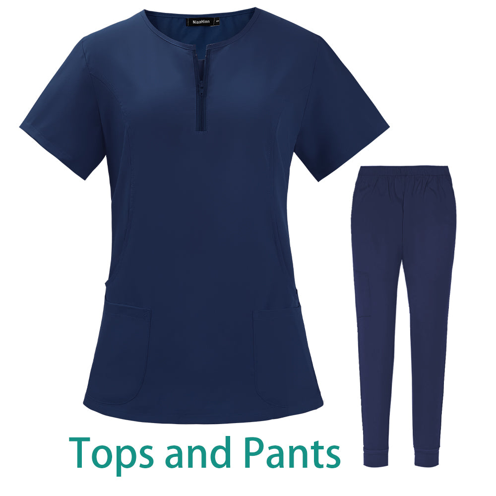7-Color Nursing Work Uniform in navy blue with zipper v-neck top and matching pants, suitable for various professions.