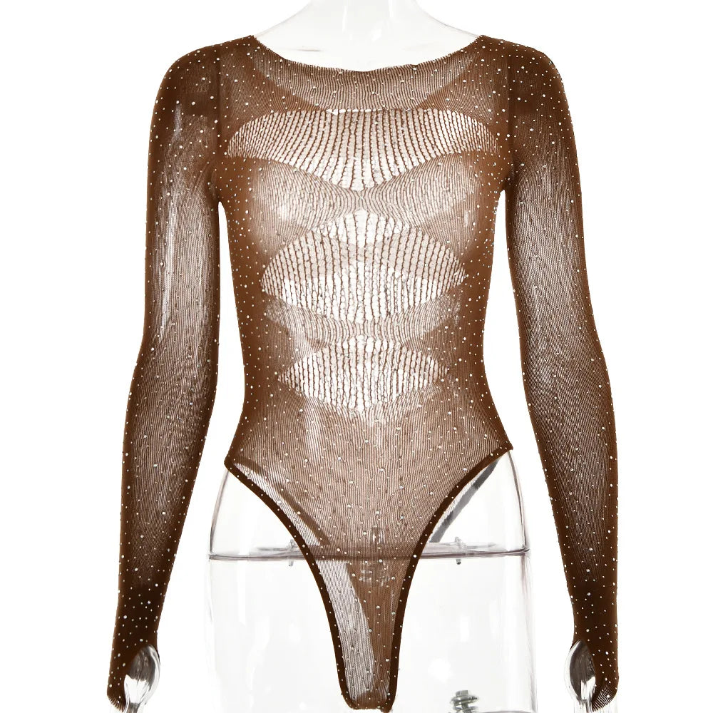 Women's Knitted Rhinestone Long Sleeve Bodysuit – Sexy Y2K Outfit