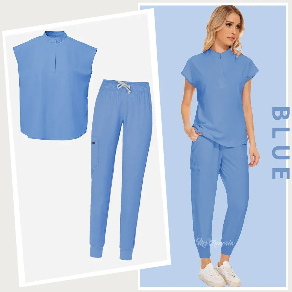 Blue elastic medical scrub set for healthcare workers, featuring a short-sleeve top and tapered pants.