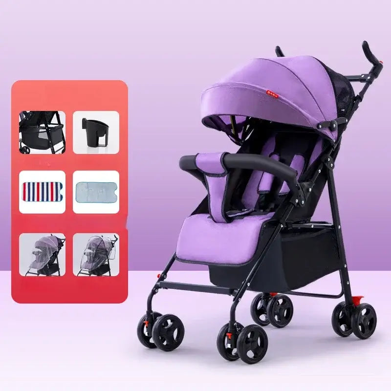 Baby stroller in purple, suitable for 0-3 years, can recline flat and fold, features safety harness and lightweight design.