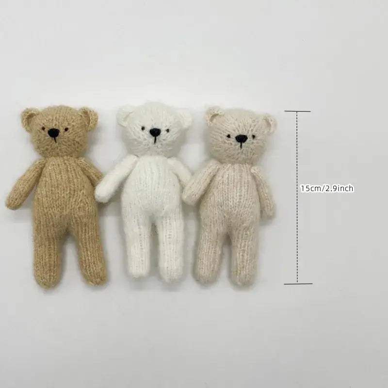 Three knitted teddy bears in neutral colors, each approx. 15cm tall, perfect as newborn photography props.