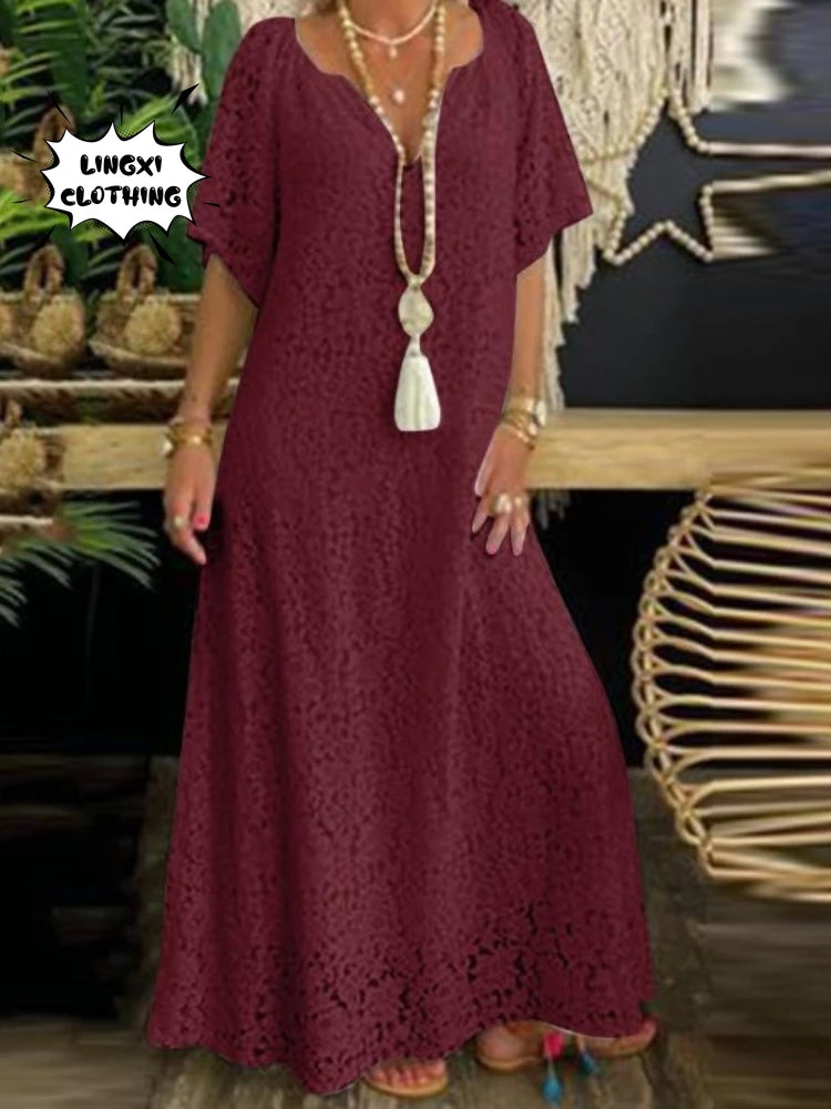 Women Lace V Neck Long Dress