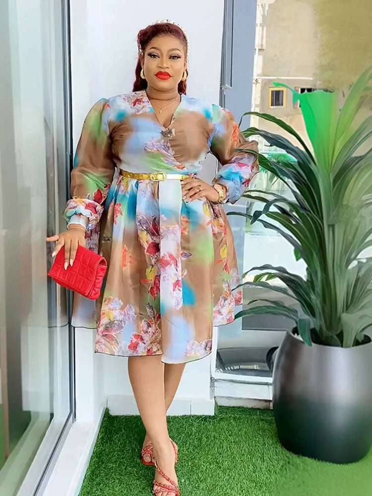 فستان نسائي من الشيفون المطبوع بفتحة رقبة على شكل حرف V