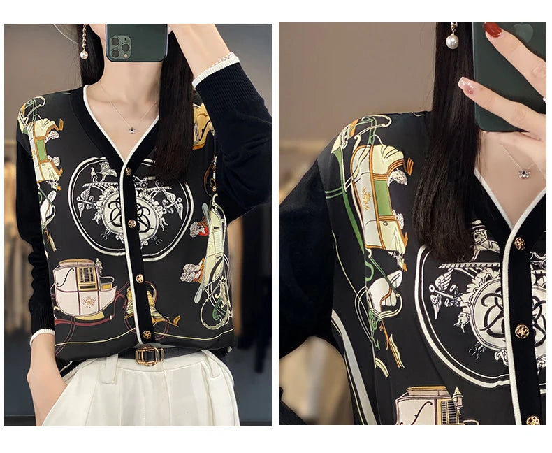 Women's Printed Stitching Wool Cardigan