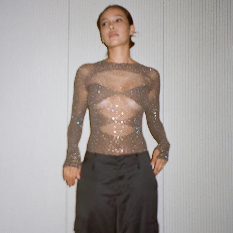 Women's Knitted Rhinestone Long Sleeve Bodysuit – Sexy Y2K Outfit