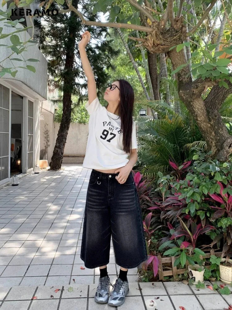 FadeMid™ – Black Retro Loose Shorts (High Waist, Y2K Mid-Length)