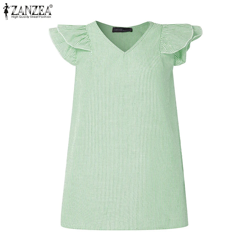 بلوزة نسائية مخططة بدون أكمام وفتحة رقبة على شكل حرف V