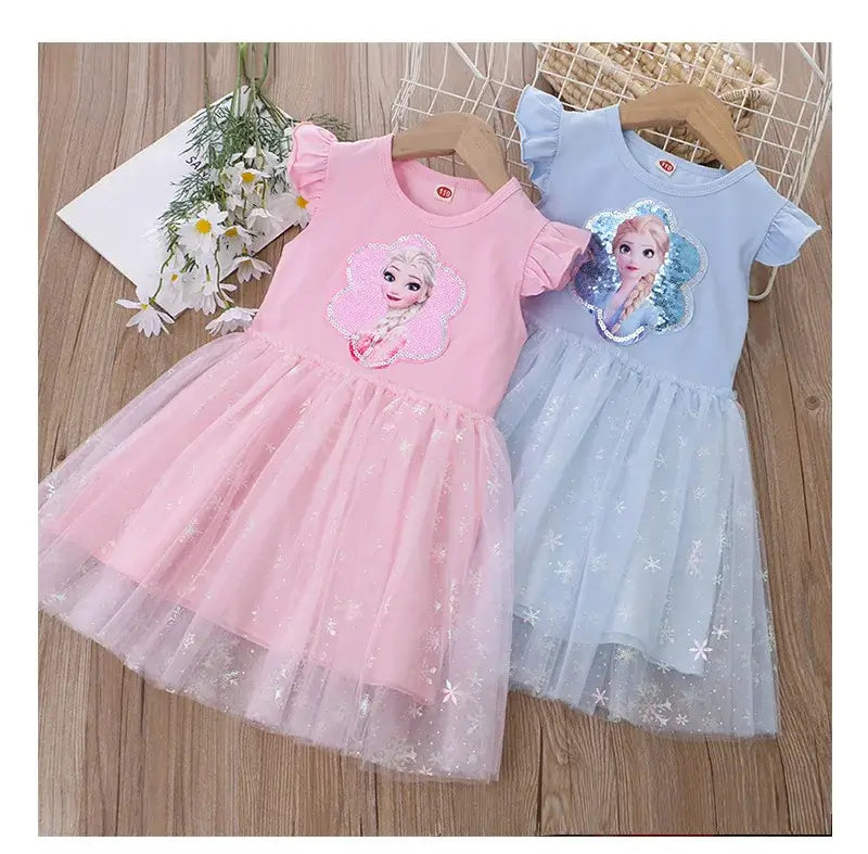 Girls summer dresses featuring Elsa design in pink and blue with tulle skirts, perfect for ages 4-6.