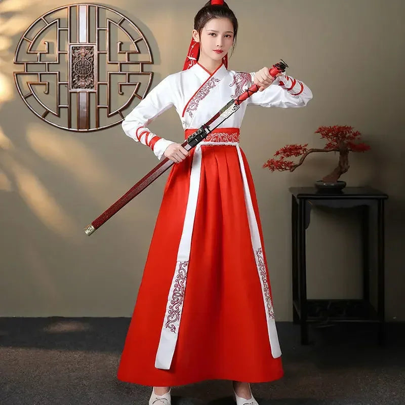 Streetwear casual Chinese Hanfu dress in red with intricate designs, showcasing traditional style and elegance.