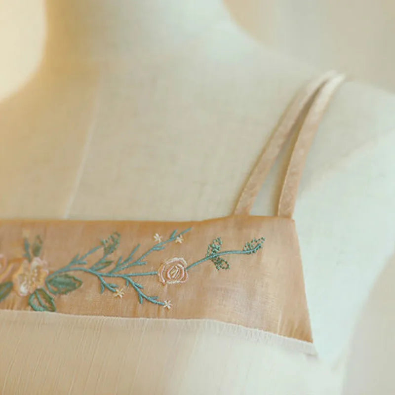 Close-up of floral embroidery on a light summer dress, showcasing delicate design and straps.