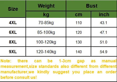 Size chart for Plus Size Light-Blue Hanfu: 4XL to 9XL measurements for weight and bust.