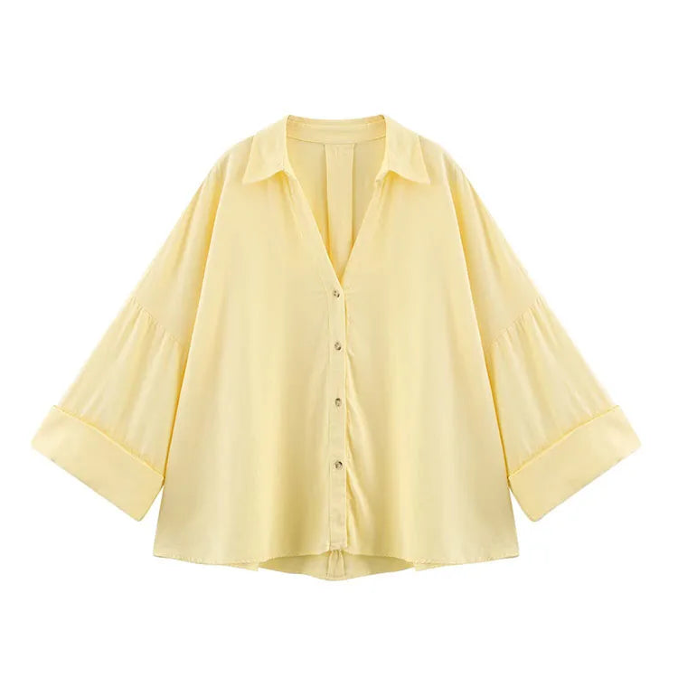AsymLinen™ wide sleeve linen shirt in soft yellow, featuring a turn-down collar and single-breasted design.