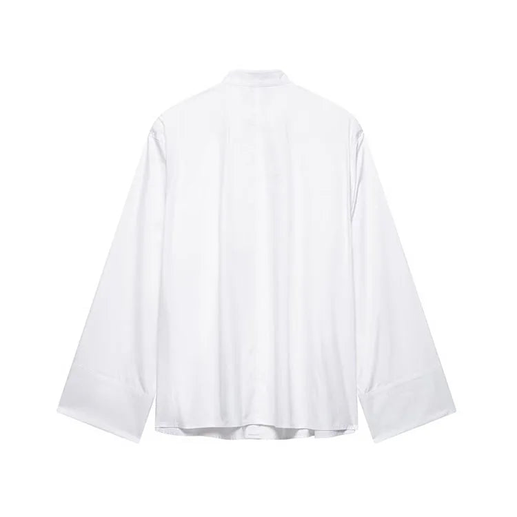 Back view of the EmbroiChic™ elegant white long sleeve embroidery shirt for women, featuring a stand collar and regular fit.