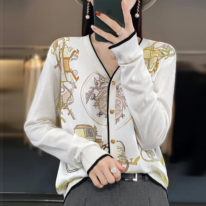 Women's Silk Print Wool Cardigan
