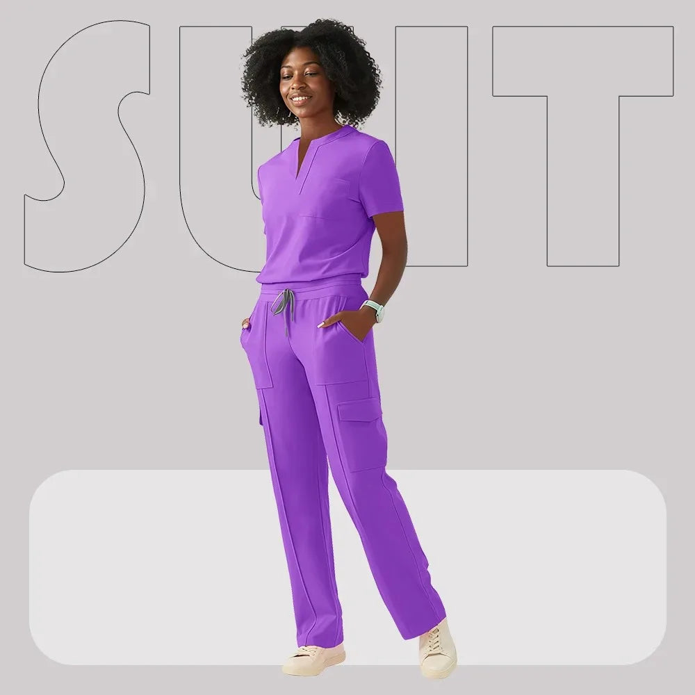 Purple women's hospital scrub suit for healthcare workers and beauticians, featuring stylish design and practical pockets.