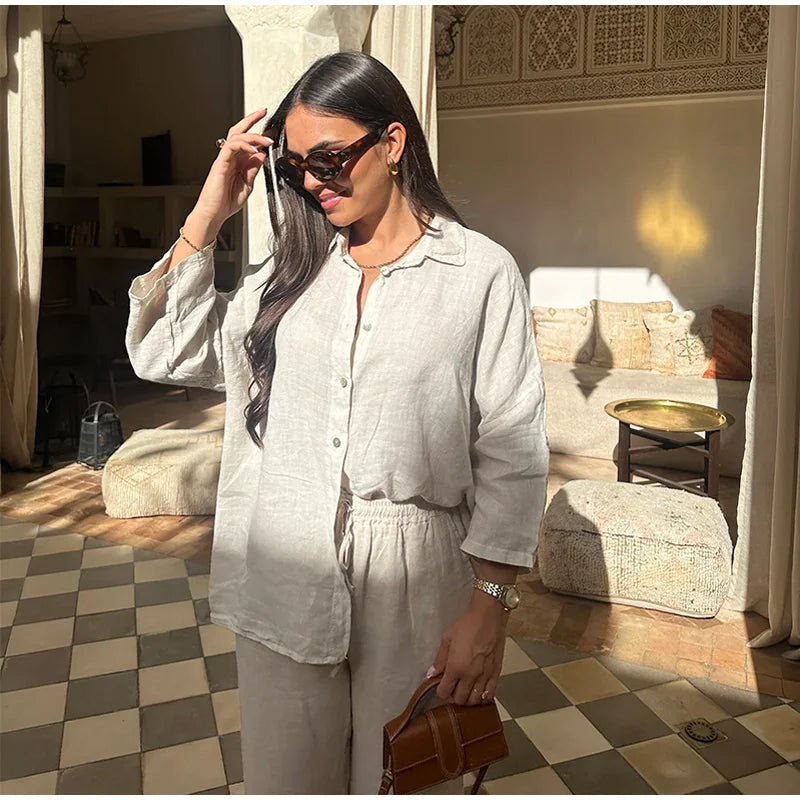 طقم بنطال نسائي من القطن بقصة واسعة