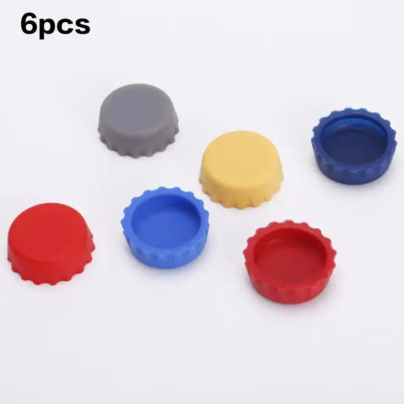 Colorful 6pcs silicone wine bottle caps, reusable, BPA-free, great for preserving opened bottles.
