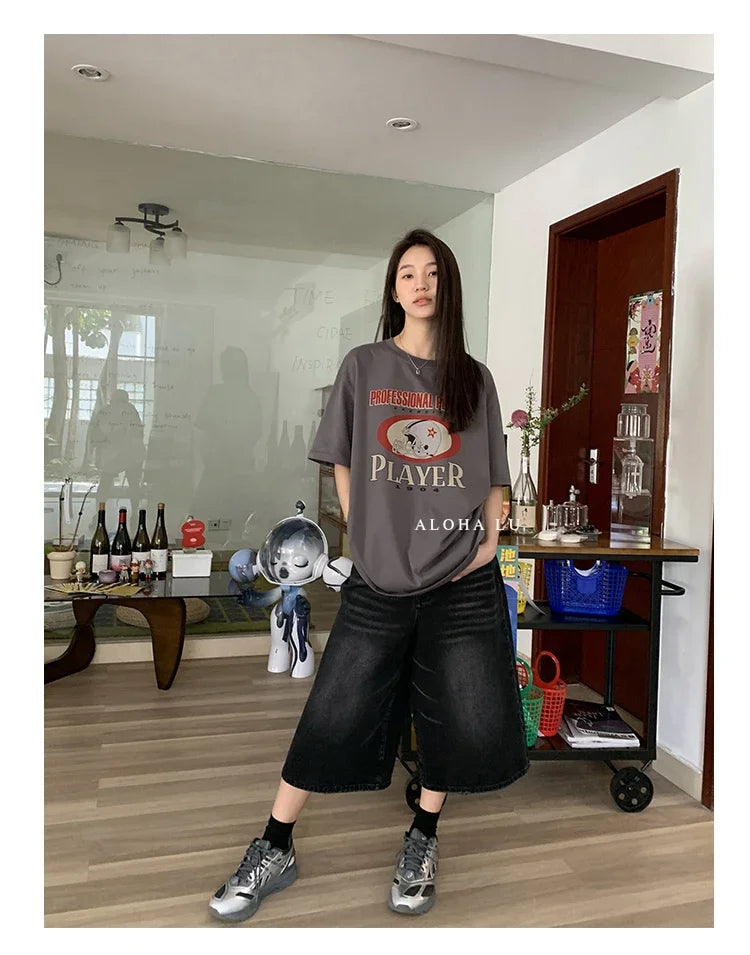 FadeMid™ – Black Retro Loose Shorts (High Waist, Y2K Mid-Length)