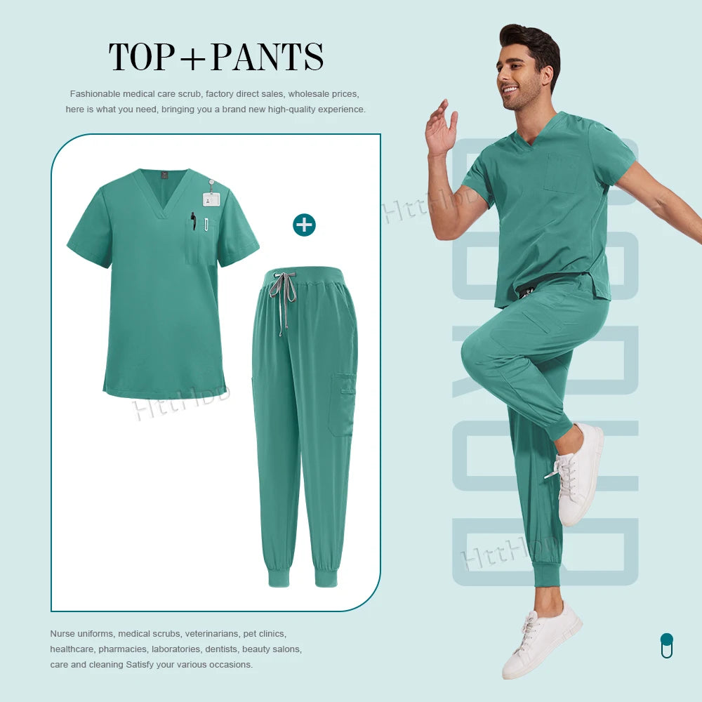 Unisex nurse surgical scrub suit jogger set in teal, featuring breathable fabric and pockets, ideal for medical professionals.