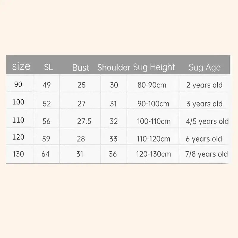 Size chart for kids' summer dresses, including age, height, bust, and shoulder measurements.