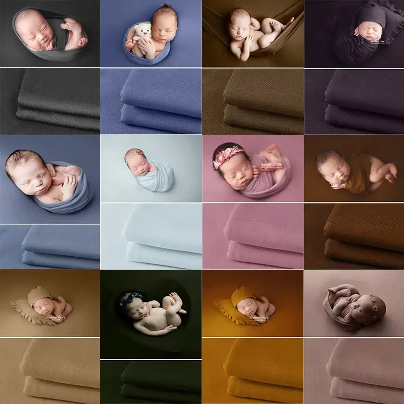 Collage of newborn photography using soft wrap blankets in various colors, showcasing babies and accessories.