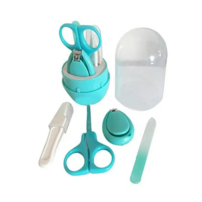Newborn baby nail scissor set with trimmer, file, and protective case in turquoise color, ideal for delicate nails.