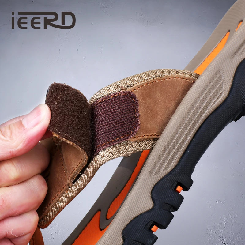 Men Cow Leather Beach Flip Flops Sandals