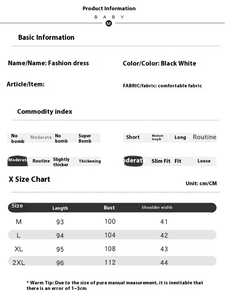 Product information chart for a black and white fashion dress, including size and fabric details.
