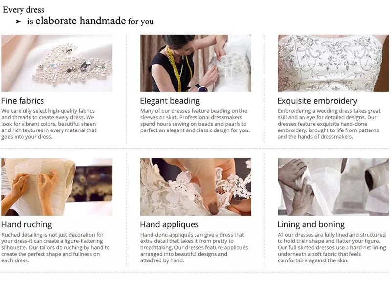 Collage showcasing fine fabrics, elegant beading, exquisite embroidery, hand ruching, appliques, and dress lining.