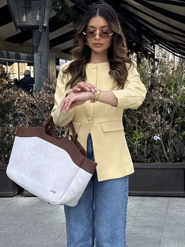Elegant Yellow O-Neck Blazer Coat