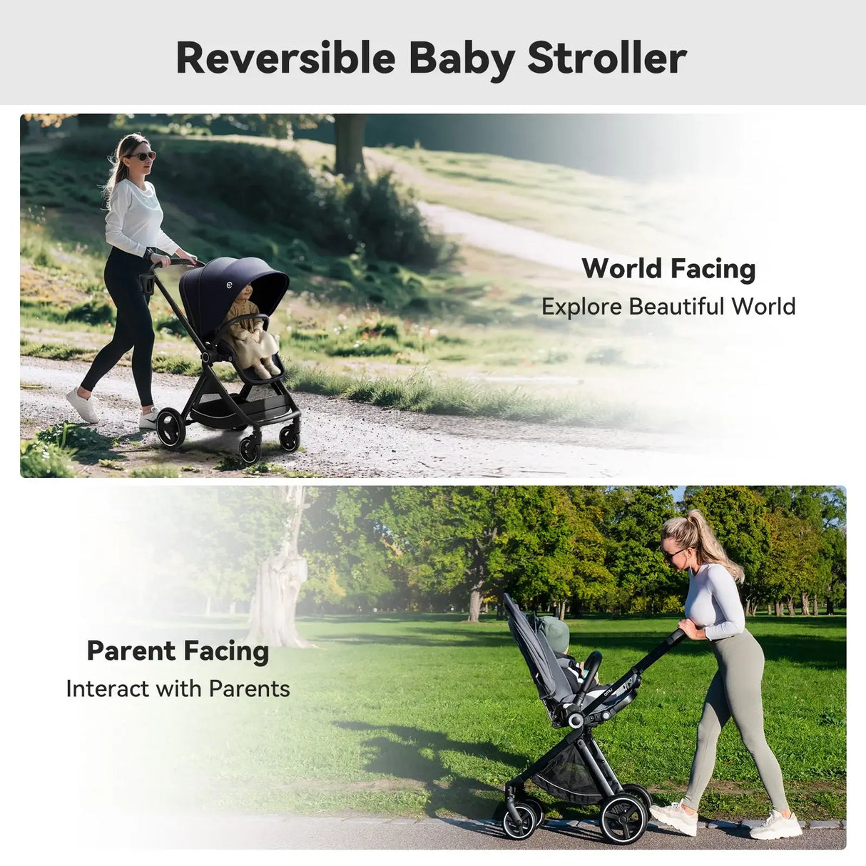 EMU Reversible Baby Stroller showcasing world facing and parent facing positions for versatile use.