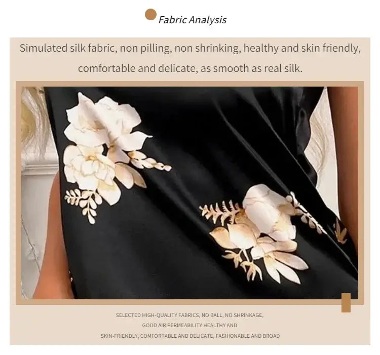 قميص نوم نسائي أسود من الساتان المزهر