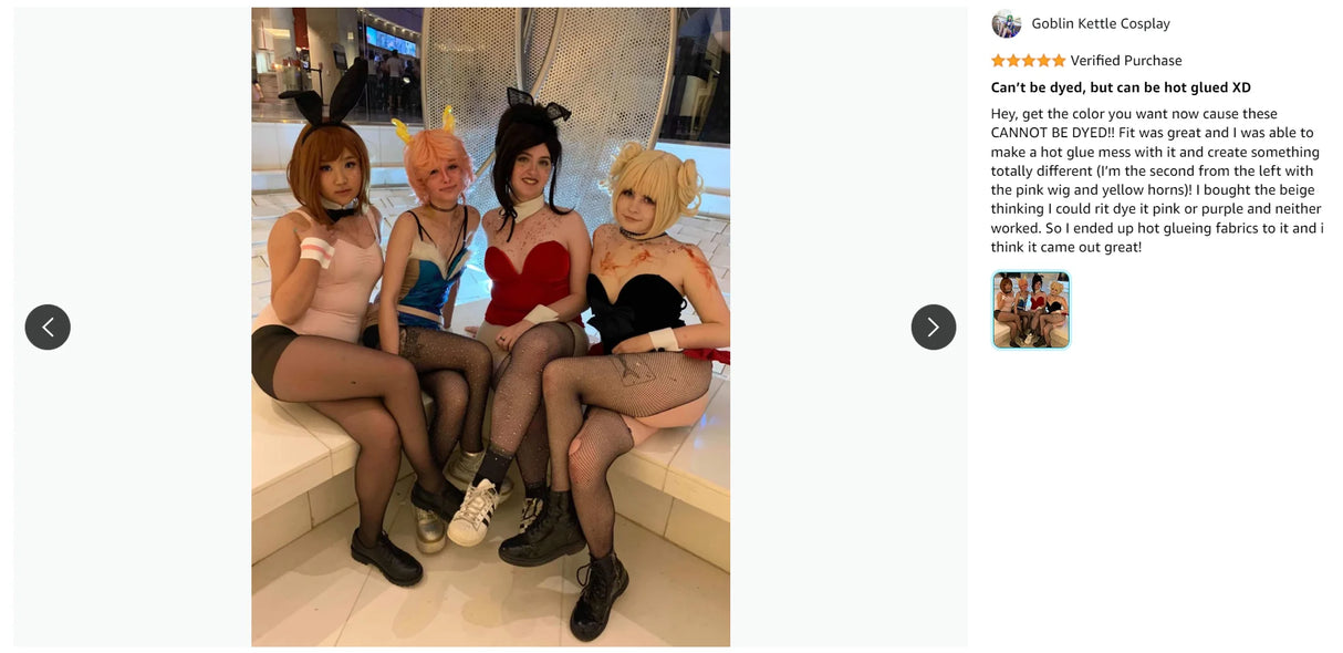 Four women in colorful cosplay outfits posing together, showcasing creativity and friendship.
