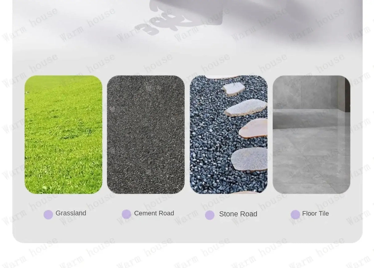 Comparison of different surfaces: Grass, cement road, stone path, and floor tile.