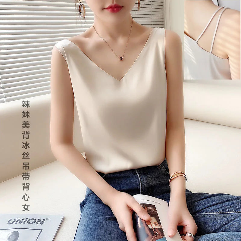 Korean Style V-Neck Solid Tank Top