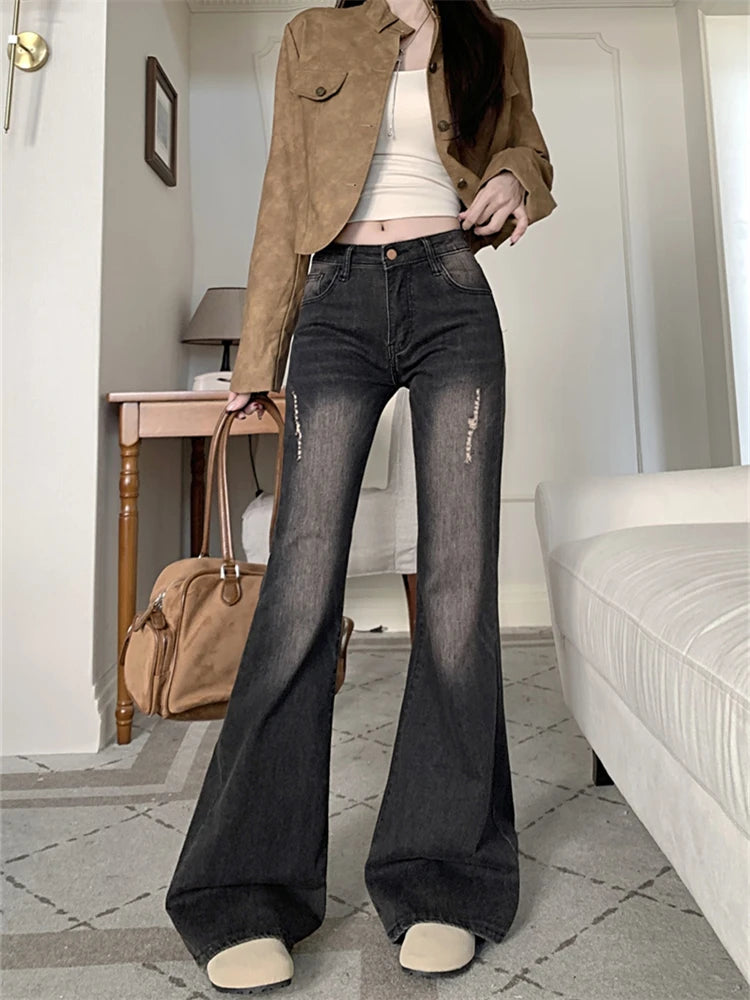 FadeFlare™ – Distressed Micro Flare Jeans (Black Gray, Streetwear Style)