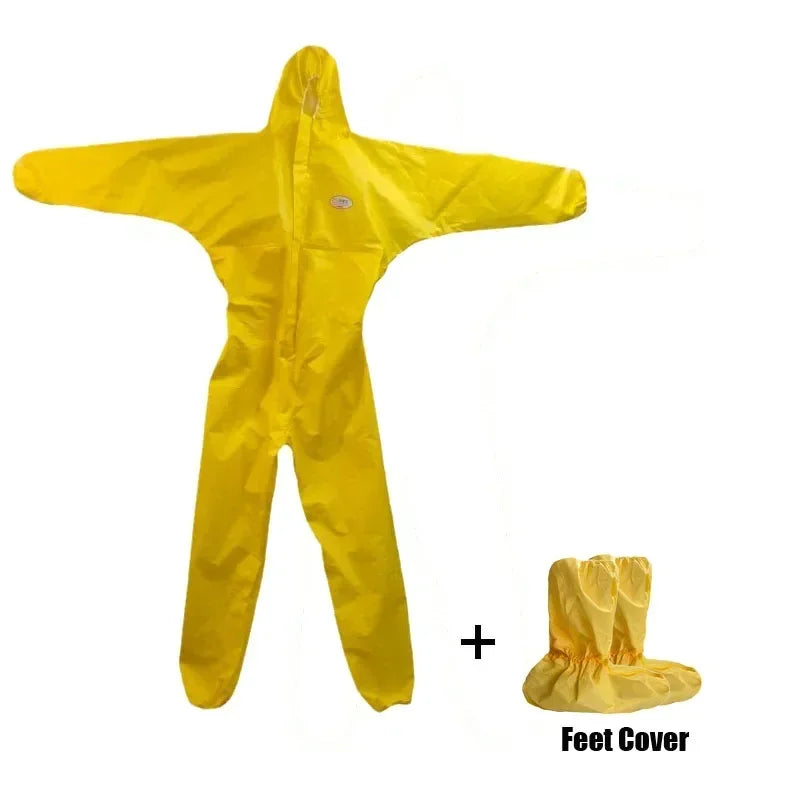Chemical resistant yellow work coverall suit with detachable feet cover for safe utility and protection.
