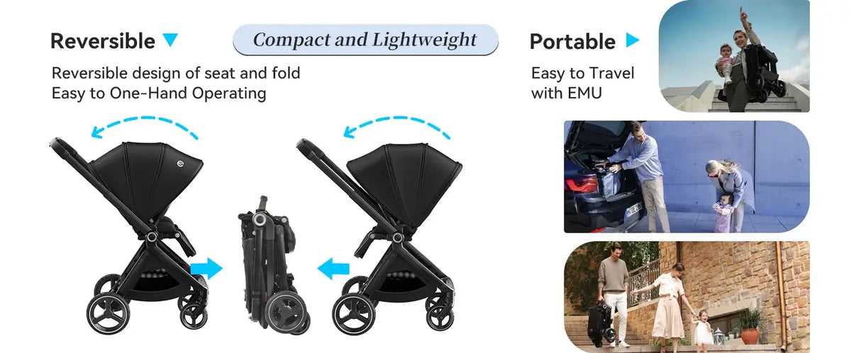 EMU Reversible Baby Stroller features compact design, easy fold, and one-hand operation for portability and convenience.