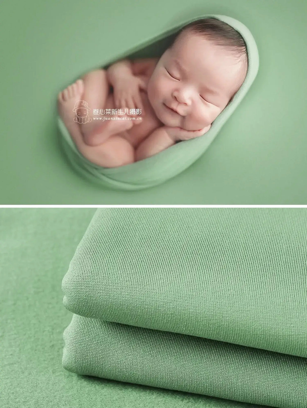 Newborn soft wrap blanket in soothing green color, perfect for photography and gentle comfort for babies.