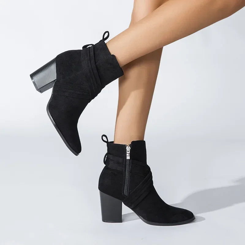 Women Pointed Toe Zipper Ankle Boots – Autumn High Heel Short Booties