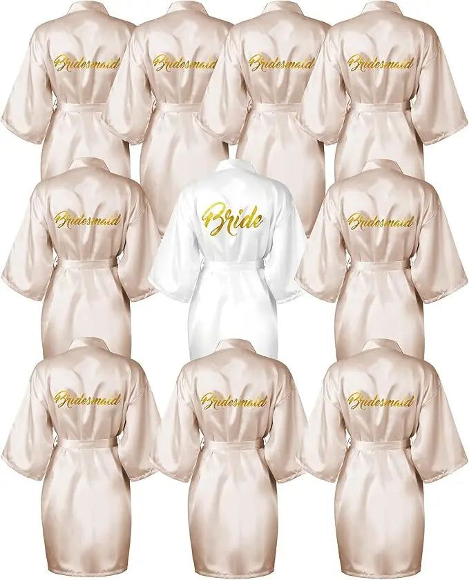 10-piece satin bride and bridesmaid kimono robe set with golden lettering for weddings and bridal showers.