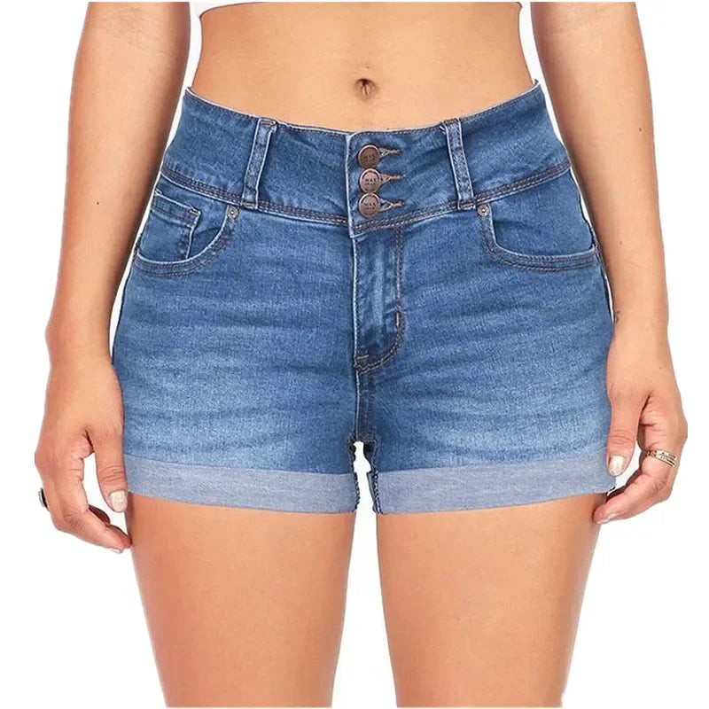 Women Denim Waistband Stretch Shorts