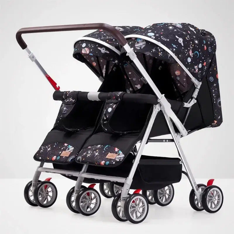 2025 New Twin Baby Stroller with space-themed fabric, lightweight aluminum frame, and foldable design for children 0-3 years.