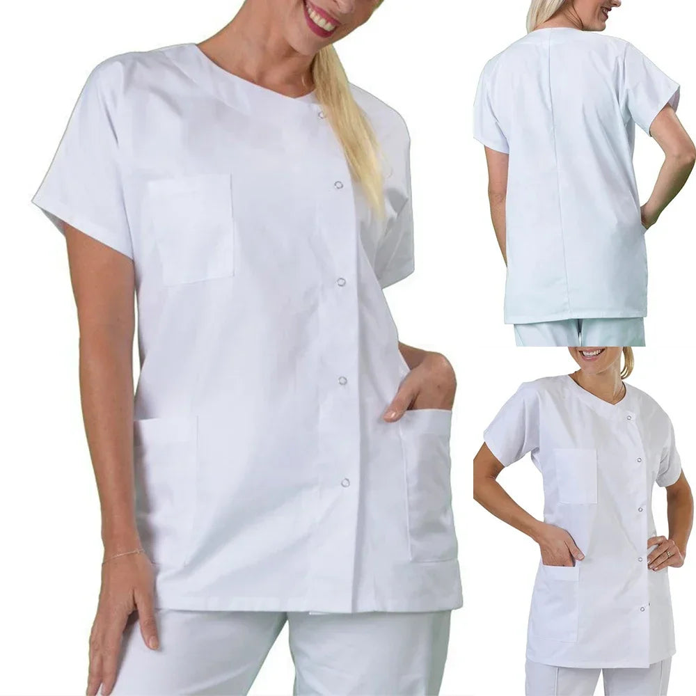 Unisex short sleeve medical shirt for pharmacy doctors, made of cotton and polyester, featuring multiple pockets and a relaxed fit.